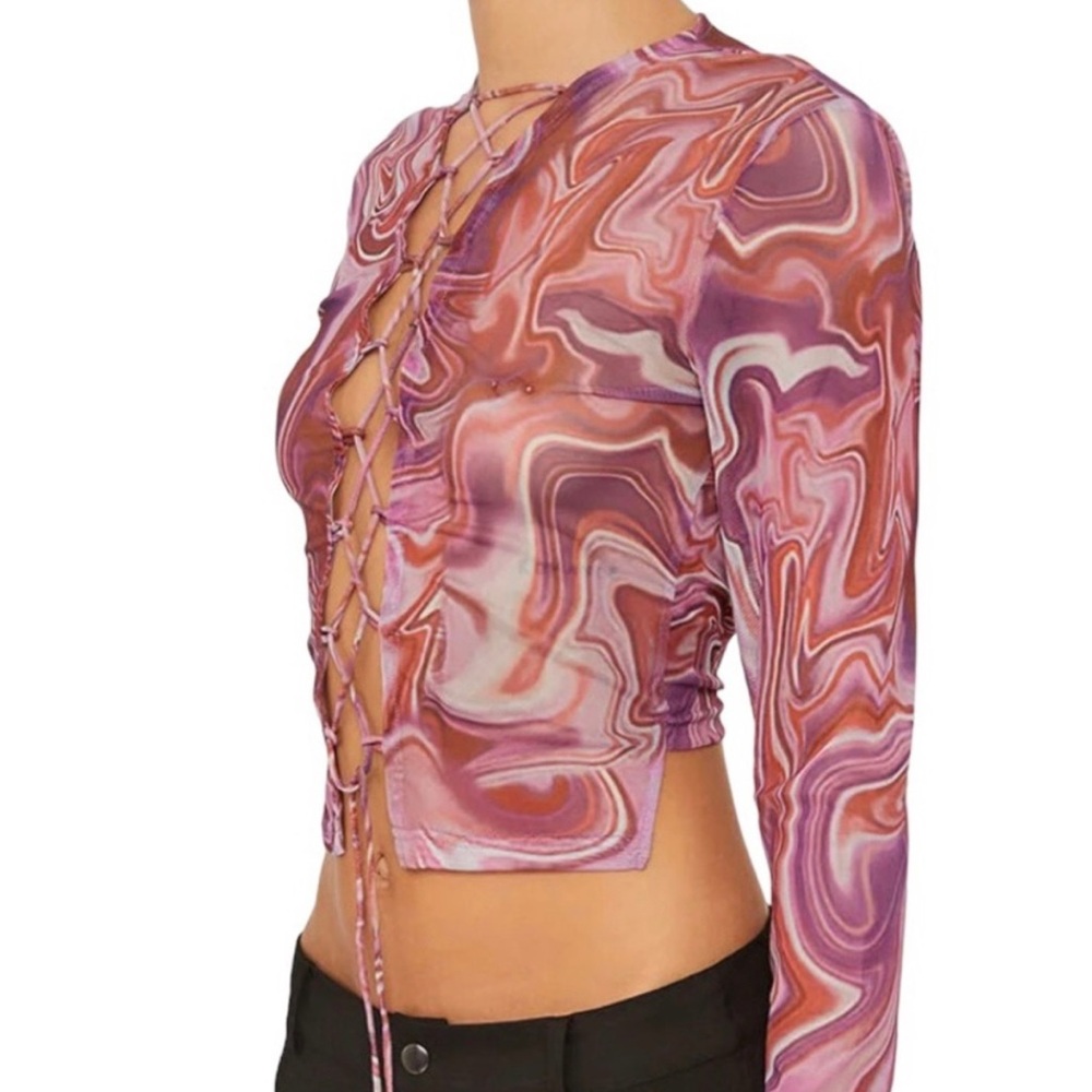 Bardot Zendaya Mesh Top Sheer Swirl Shirt Purple Size Large New